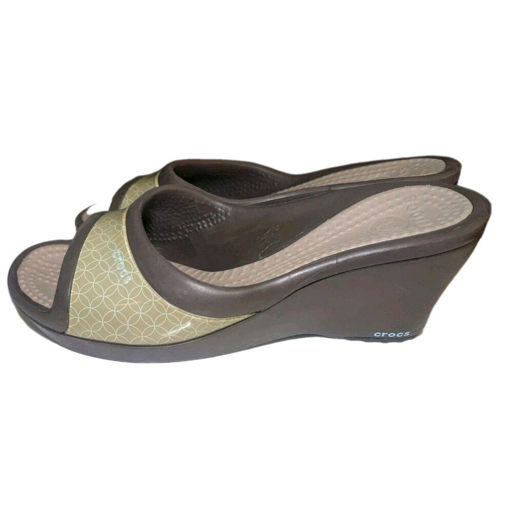 Crocs Sassari Women's US 8 Green & Brown Slip-On Wedge Heel Slide Sandal